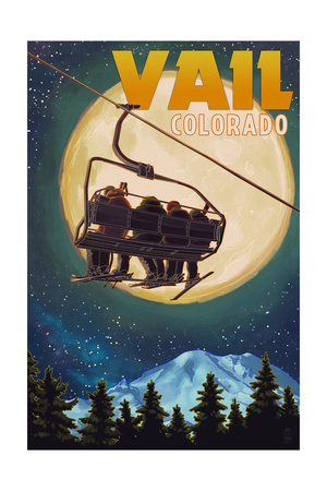 Vail, Colorado - Ski Lift and Full Moon Print by  Lantern Press