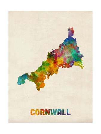 Cornwall England Watercolor Map Photographic Print by Michael Tompsett
