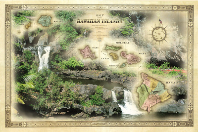 A 1876 Centennial Map of the Hawaiian Islands with Artwork of the Seven Pools Photographic Print by Patrick McFeeley