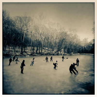 Pond Hockey Pickup Game on the Frozen C&O Canal Near Potomac, Maryland Photographic Print by Skip Brown