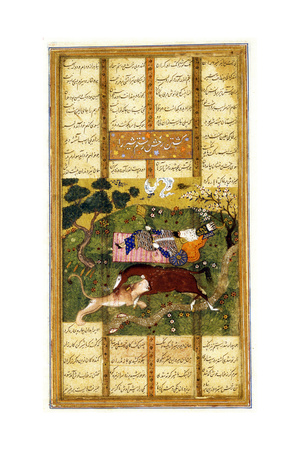 Rakhsh Kills an Attacking Lion While Rustam Sleeps. from the Shahnama (Book of King), Ca 1470 Giclee Print