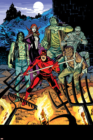 Daredevil 32 Cover: Daredevil, Satana, the Living Mummy, Frankensteins Monster, Werewolf by Night Plastic Sign by Chris Samnee