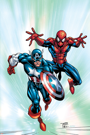 Marvel Age Team Up No.2 Cover: Spider-Man and Captain America Fighting and Flying Prints by Randy Green
