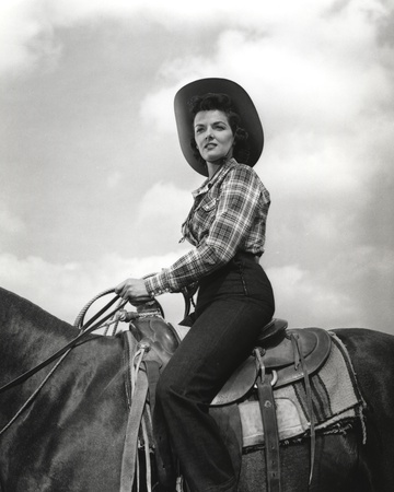 Jane Russell sitting on a Horse in Checker Long Sleeve Shirt and Cowboy Hat Photo by  Movie Star News