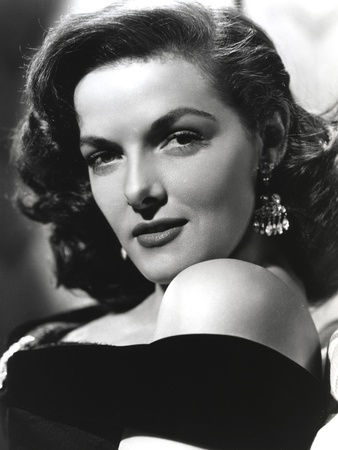 Jane Russell Portrait in Black Silk Shoulder Dress and Dangling Pear Earrings Photo by  Movie Star News