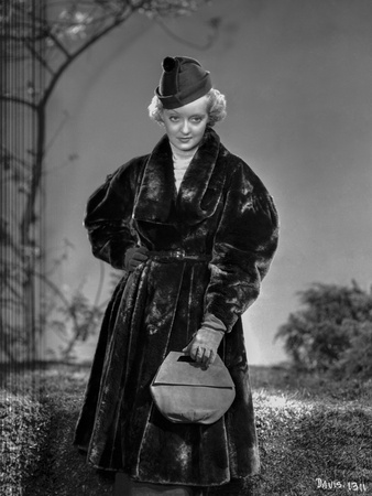 Bette Davis Posed Holding a Purse in Black Mutton Sleeve Velvet Coat and Black Hat Photo by Elmer Fryer