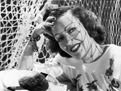 Gloria Swanson Red lipstick, Curly Hairdo smiling Classic Portrait Photo by E Bachrach