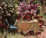 Garden Table with Blue Chair Print by Piotr Stolerenko