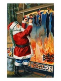 Postcard of Santa Filling Christmas Stockings Giclee Print