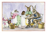 Illustration of a Girl Decorating Eggs with Giant Rabbit Family by Alexandra Day Giclee Print by Alexandra Day
