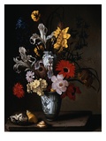 Irises, a Carnation, and other Flowers in a Blue and White Vase with Seashells on a Stone Ledge Giclee-trykk av Jan Baptise van Forenburgh