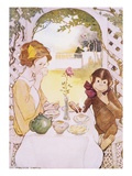 Illustration of a Girl and a Monkey Having Tea by Jessie Willcox Smith Giclee Print
