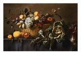 Grapes, Plums and Other Fruits and Nuts in a Wicker Basket with Vegetables on a Draped Table Giclée-Druck von Adriaen van Utrecht