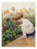 Illustration of a Child Smelling Tulips by Jessie Willcox Smith Giclee Print