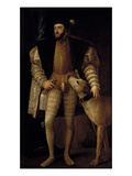 Charles V (1500-58) Holy Roman Emperor and King of Spain with His Dog, 1533 (Oil on Canvas) Reproduction procédé giclée par  Titian