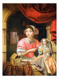 Young woman holding a doll in an interior with a maid sweeping behind Lámina giclée por Edwaert Collier