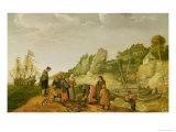 Fisherman Unloading and Selling Their Catch on a Rocky Shoreline Giclee Print by Adam Willaerts