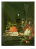 Still Life of Oysters, Grapes, Bread and Glasses on a Ledge Giclee Print by Jacob van Walscapelle