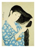 Portrait en demi-longueur d'une beauté peignant ses cheveux reproduction procédé giclée par Goyo 