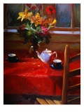Flowers and Teapot on Red Giclee Print by Pam Ingalls