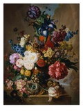 Jan van Os - Poppies, Peonies and Other Assorted Flowers in a Terracotta Vase on a Stone Plinth with a Bird's Ne Digitálně vytištěná reprodukce Jan van Os - Poppies, Peonies and Other Assorted Flowers in a Terracotta Vase on a Stone Plinth with a Bird's Ne Digitálně vytištěná reprodukce