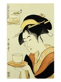 Portrait of the Teahouse Waitress Naniwaya Okita Serving a Cup of Tea on a Tray Giclee Print by Utamaro 