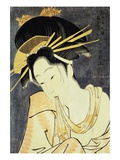 The Courtesan Kashiku of the Tsuruya Holding in Her Teeth an End of Cloth Draped Around Her Bare Sh Giclee Print by Eiri 