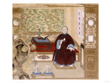 A Lady in Dark Red, Seated on a Day Bed Holding a Blue and White Cup, Mid-Qing Dynasty Giclee Print