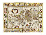 Hand Colored Engraved World Map, 1649 Reproduction procédé giclée