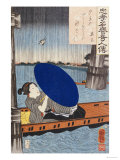 A Young Woman with a Blue Open Umbrella in a Boat Between Wooden Supports Giclee Print by Kuniyoshi 