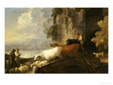 A River Landscape with Rustic Lovers, a Mounted Herdsman Driving Cattle and Sheep Over a Bridge Giclee Print by Thomas Gainsborough