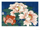 Three Stems of Peonies on a Blue Background, 1857 Giclee Print by Ando Hiroshige