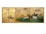 A Six Panel Screen Painted in Sumi, Colour and Gofun on Gold-Sprinkled Paper Giclee Print