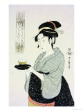 A Half Length Portrait of Naniwaya Okita, the Famous Teahouse Waitress Serving a Cup of Tea reproduction procédé giclée par Utamaro Kitagawa 