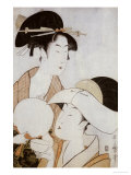 Bust Portrait of Two Women, One Holding a Fan, the Other with a Head Cover Holding a Tea Cup Giclee Print by Utamaro Kitagawa 