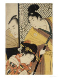 Act II of Chushingura, the Young Samurai Rikiya, with Konami, Honzo Partly Hidden Behind the Door Giclée-Druck von Utamaro Kitagawa 