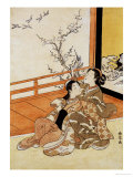 Two Women Seated by a Verandah, One Pointing at Geese in Flight Beyond a Flowering Plum Tree reproduction procédé giclée par Suzuki Harunobu