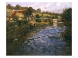 La Passerelle: a French River Landscape with a Washerwoman reproduction procédé giclée par Fritz Thaulow