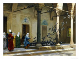 Harem Women Feeding Pigeons in a Courtyard reproduction procédé giclée par Jean-Léon Gérôme