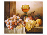 Grapes, Apple, Plums and Peach with Hock Glass on Draped Ledge reproduction procédé giclée par Edward Ladell