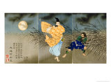 A Triptych of Fujiwara No Yasumasa Playing the Flute by Moonlight Giclée-Druck von Tsukioka Kinzaburo Yoshitoshi