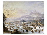 An Extensive River Landscape, with Numerous Figures Skating Outside a Town reproduction procédé giclée par Robert Griffier