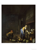 A Kitchen With A Kitchen Maid Preparing Poultry And A Fishmonger Delivering A Basket Of Fish Lámina giclée por Hendrik Martensz Sorgh