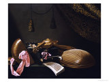 Lutes and Violin on a Table, a Curtain to the Right reproduction procédé giclée par Evaristo Baschenis