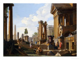 Capriccio of Classical Ruins with a Statue of Marcus Aurelius,The Temple of Saturn reproduction procédé giclée par Giovanni Paolo Pannini