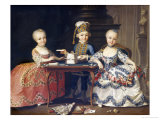 A Boy in Ornate Blue Costume Building a House of Cards, with Two Girls in Lace-Trimmed Dresses reproduction procédé giclée par Francois Hubert Drouais