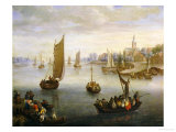 A River Landscape with Ferry Boats a Village Beyond Giclee-trykk av Charles Beschey