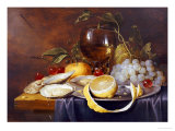 A Roemer, a Peeled Half Lemon on a Pewter Plate, Oysters, Cherries and an Orange on a Draped Table reproduction procédé giclée par Joris Van Son