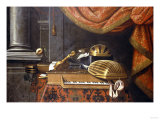 Lutes with a Clavichord on a Table, a Red Curtain Above reproduction procédé giclée