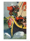 Viking Blowing the Horn on a Longship as it Approaches the Norse Coast Giclee Print by Louis Bombled